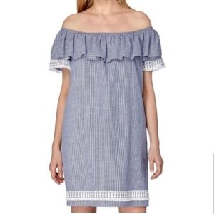 Tahari Off Shoulder Pin Stripe Cotton Mini Dress